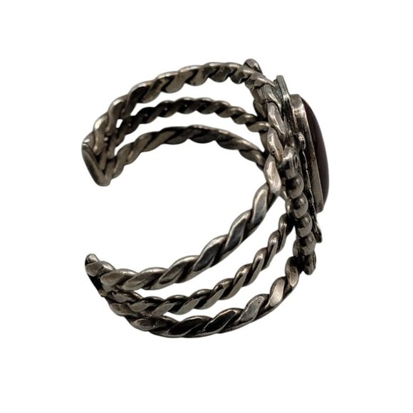 Agate Sterling Silver Open Cuff Bracelet Red Cabachon Detailed 925 Design SZ 6 - Picture 10 of 16